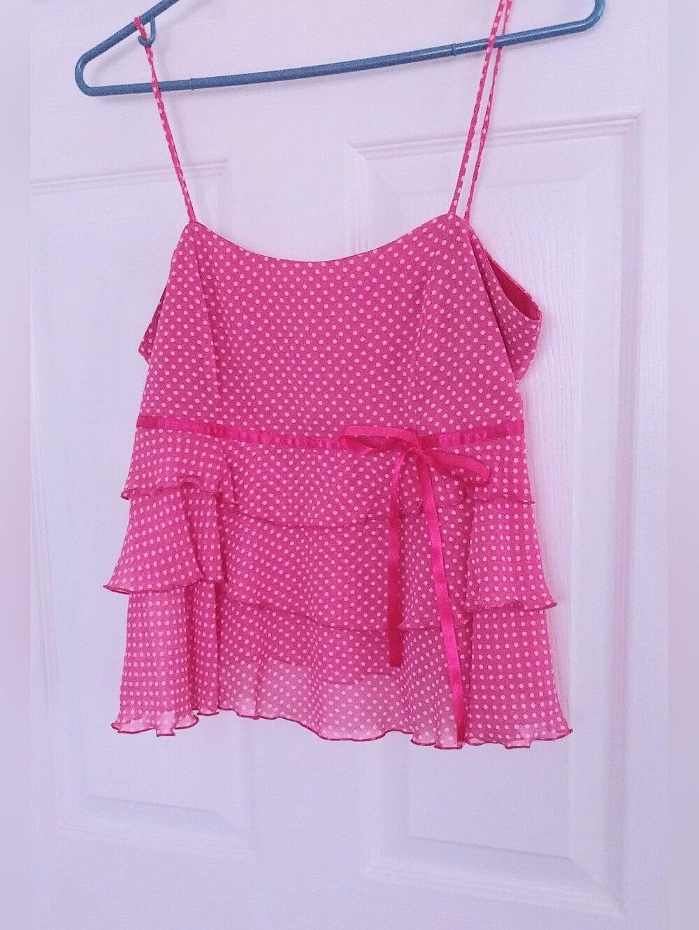 🌷🎀Vibrant Pink Polka Dot Tiered Cami Top